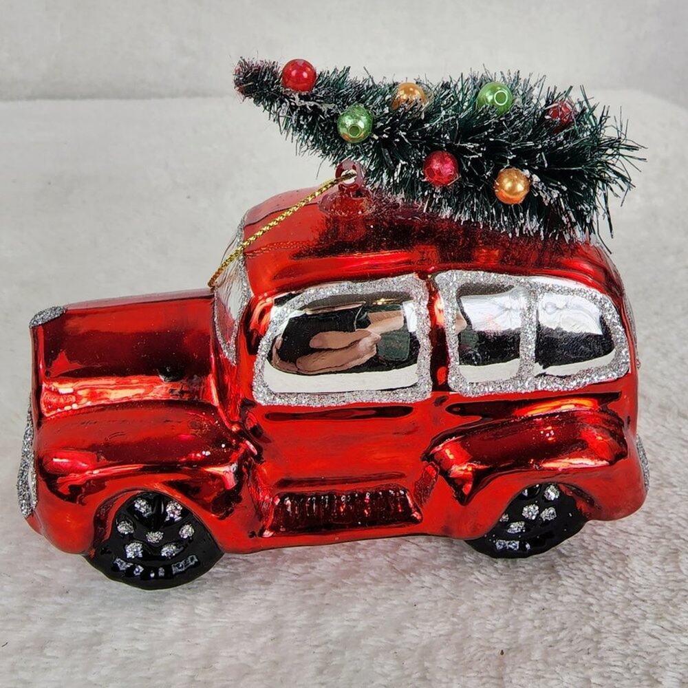 Blown Glass Ornament Red Car with Bottlebrush Christmas Tree On Top EUC